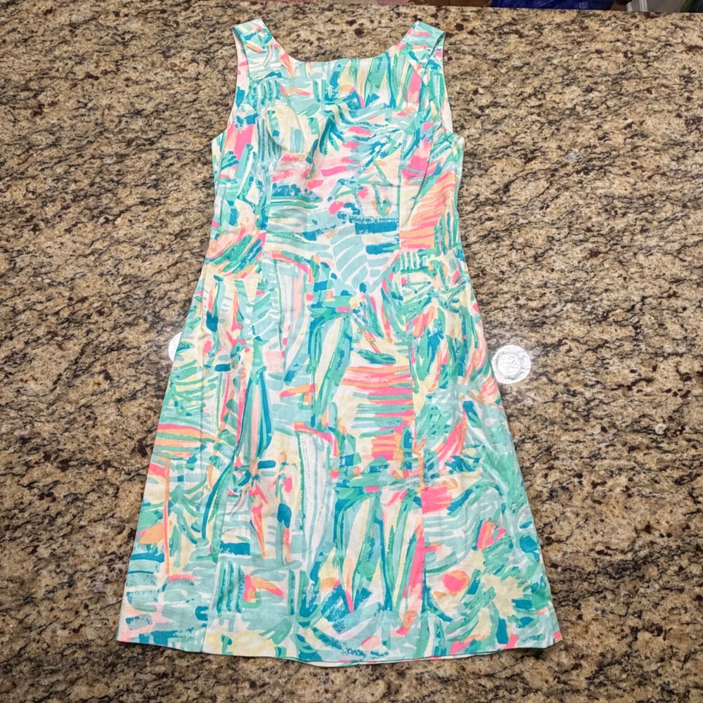 Lilly Pulitzer Cutout Back Tie Shift Dress Abstract Tropical Print Size 0